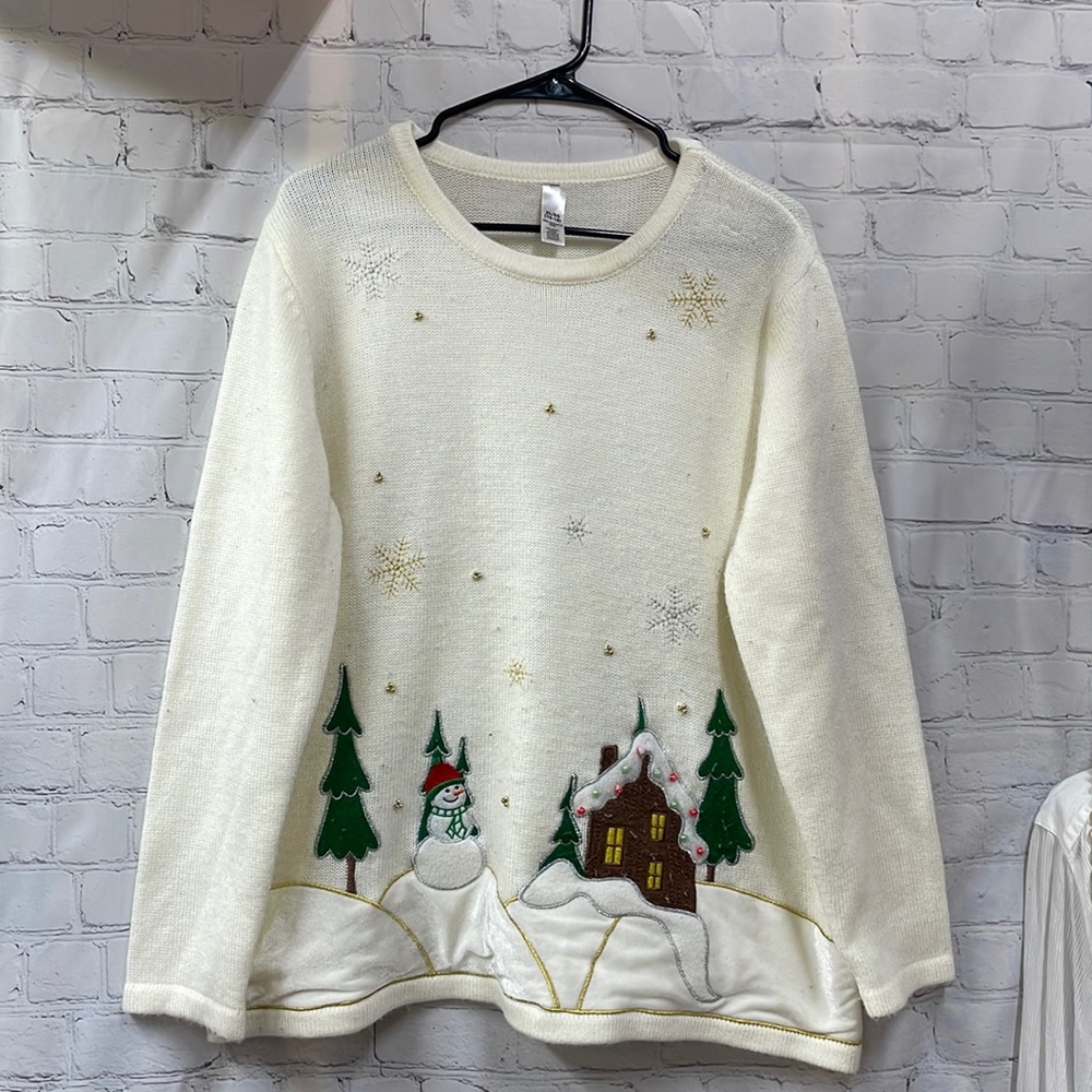 Snowman winter velour snow scene holiday sweater XL 16-18